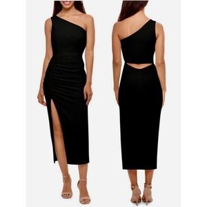 Betsy & Adam Womens Black One Shoulder Ruched Cutout Cocktail Dress A24701 Sz 6